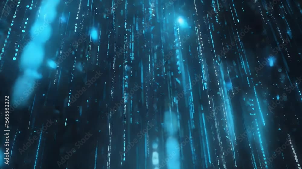 Poster abstract digital rain with a focus on particles and vertical lines. features a dark blue background 