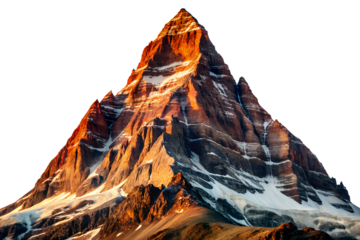 Golden sunset bathes a snowy mountain landscape reflecting in a serene lake, capturing the majestic view of high peaks in the Alps