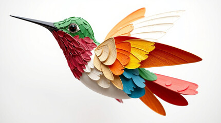 A hummingbird crafted from distinct split layered papier-mâché, sculpted, textured layers, divided sections, bold areas