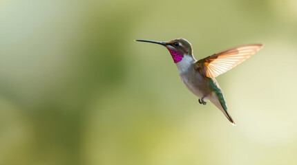 A hummingbird in soft cinematic haze, soft focus and hazy background creating a dreamy atmosphere