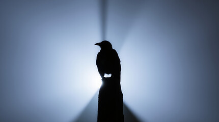 A long-exposure photograph of a silhouetted crow backlit, revealing motion trails and ethereal light effects