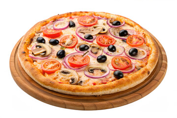 Delicious Italian pizza with cheese, pepperoni, and olives, isolated on a white background