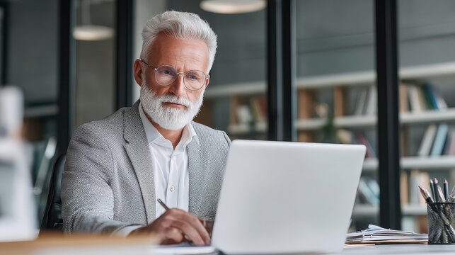 Mature business man executive manager looking at laptop computer watching online webinar training or having virtual meeting video conference taking notes, doing market research working in office., no