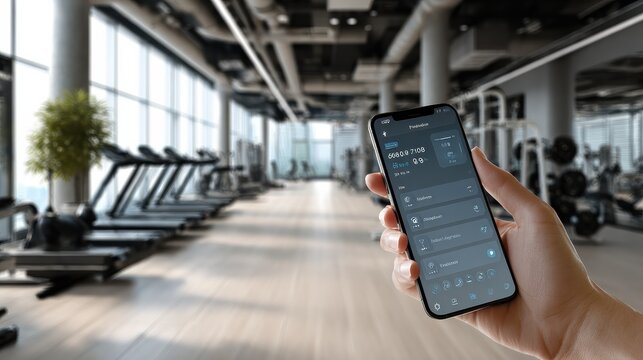 Tracking fitness progress using a smartphone app in a modern gym.