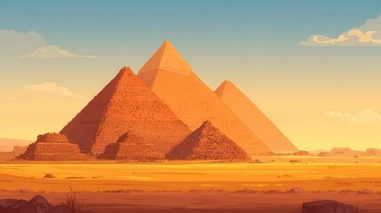 Egypt pyramids background. Ancient sunlight pyramid landscape, old history architecture. Flat cartoon egyptian desert utter panorama, no logos, no brands
