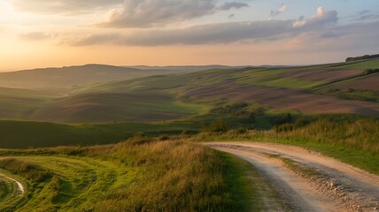 Fototapeta premium Rolling green hills golden hour dirt road rolling hills