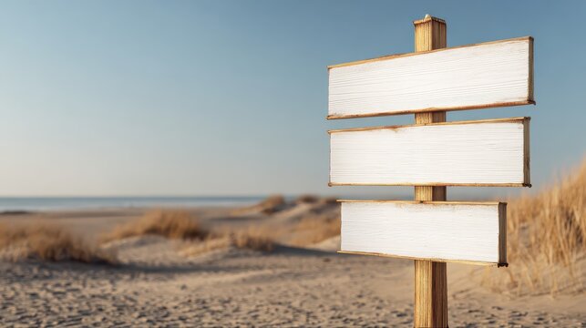 Multiple blank signs on a wooden pole at the beach. Space for text.