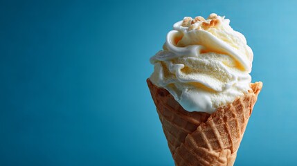 Ice cream in a cone is shown against a blue background.