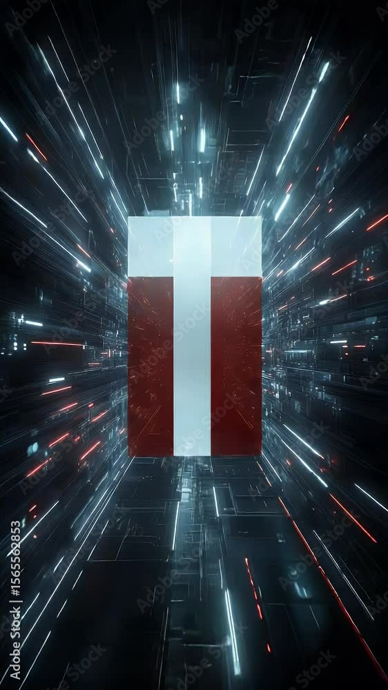 Poster abstract digital tunnel featuring a central stylized geometric design with red and white elements. d