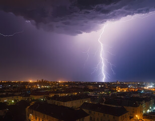 lightning in the city night with thunderstrom. Cold weather, heavy thunderstorm at night