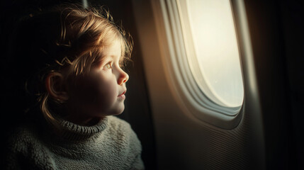 Little girl sitting by the window seat on an airplane, gazing outside during a flight. Ideal for themes of family travel, flying with kids, childhood wonder, and modern transportation. Generative AI. 
