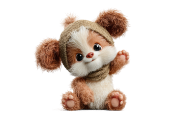 PNG Cute fluffy animal character in knit hat waving hello