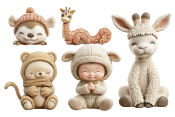 PNG Adorable animal and child figurines in cozy outfits with playful expressions