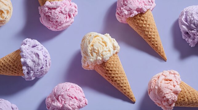 Ice cream in soft colors with cones are arranged around a light purple background.