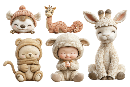 PNG Adorable animal and child figurines in cozy outfits with playful expressions