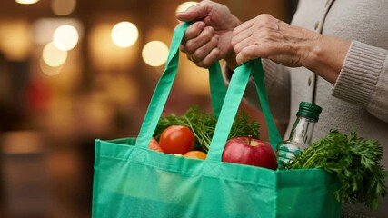 A person carries a colorful reusable bag filled with fresh produce while shopping outside