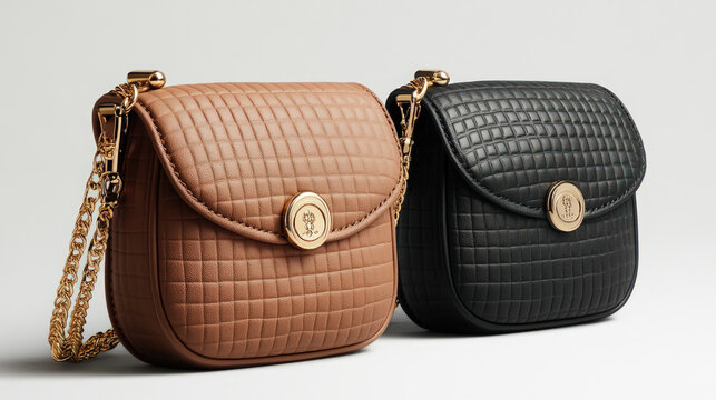 Two quilted leather handbags in black and brown with gold chain straps and round clasps, displayed on a clean studio background.
