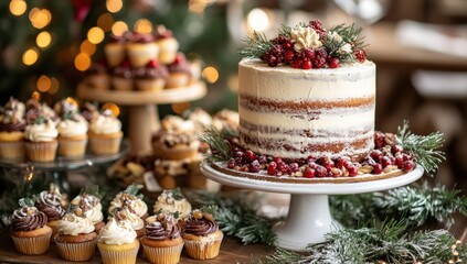 Festive Christmas desserts, layered cake and cupcakes