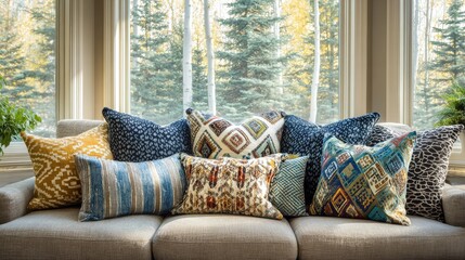 Patterned pillows on comfortable couch set in bright living room with view on forest, no logos, no brands