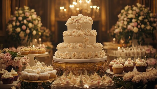 Elegant wedding cake and dessert buffet
