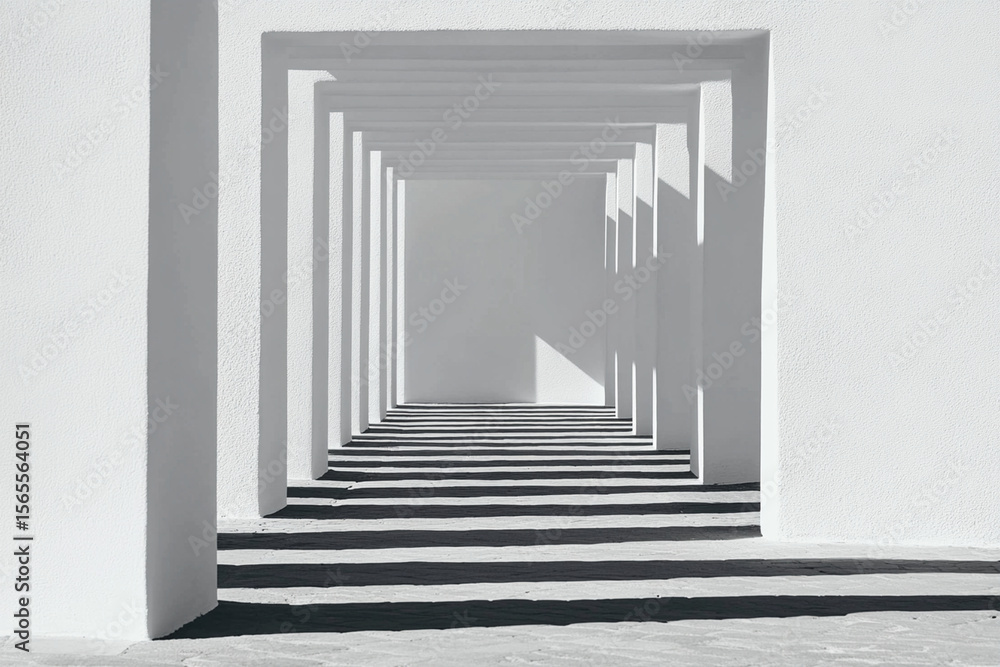 Poster geometric lines create depth in a minimalist white corridor