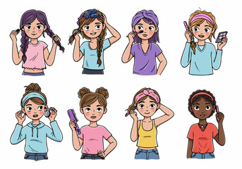 Cartoon diverse girls doing beauty and hair routines, self-care illustrations set on white background