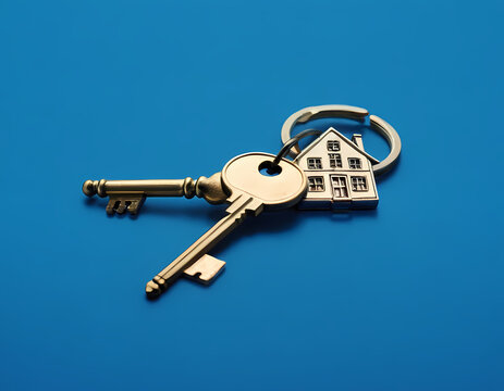 A silver key to a house, attached to a keychain, is shown against a blue background. empty space for copying onto the keychain.  real estate property