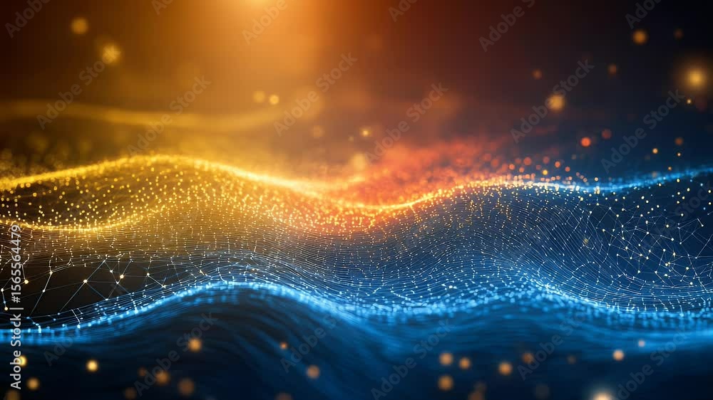 Poster abstract digital wave flowing blue and orange energy with light particles. dynamic fluid movement ev