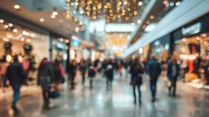 Defocused image of shopping center with people walking. Retail sale, commercial space, or holiday season. Consumer behavior, marketing, or customer experience concept