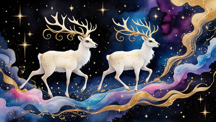 Celestial watercolor artwork depicting mythical polar deer wandering through a starry realm