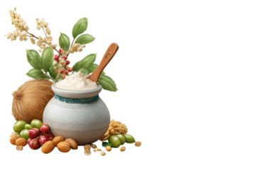 PNG Rustic ceramic pot with assorted nuts, coconut, and botanical arrangement