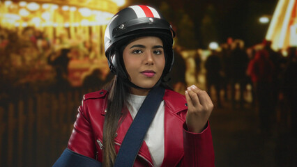 Latin woman in a helmet and sling standing at a night fair, displaying a thoughtful expression...
