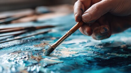 Obraz premium art, creativity and people concept - hand of artist with brush painting picture, no logos, no brands
