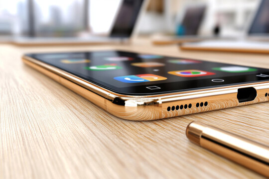 Modern smartphone with sleek design on wooden table in tech workspace
