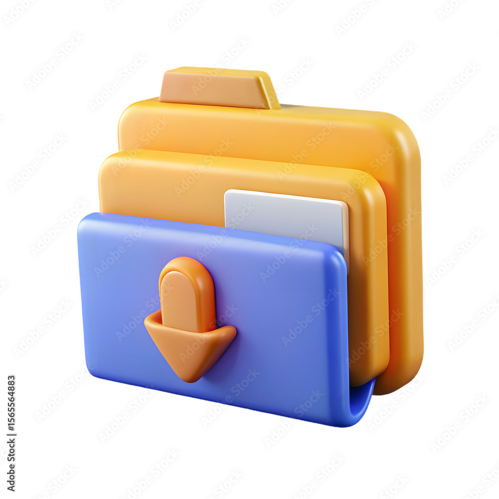 Fototapete a 3d rendering of a blue and yellow folder with a download arrow isolated on transparent background