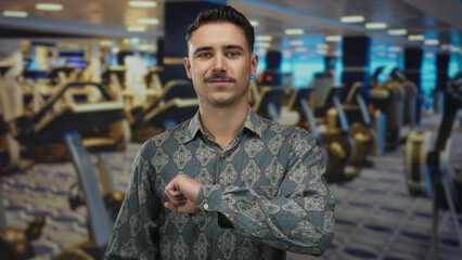 Young hispanic man extends arm with clenched fist towards camera in a bustling gym filled with...