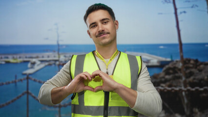 Young hispanic man wearing reflective vest holds hands in heart shape at seaside port,...