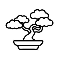 Simple black and white line drawing of a bonsai tree in a pot