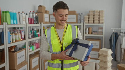 Young hispanic man wearing reflective vest holding gift box in a charity donation center with...