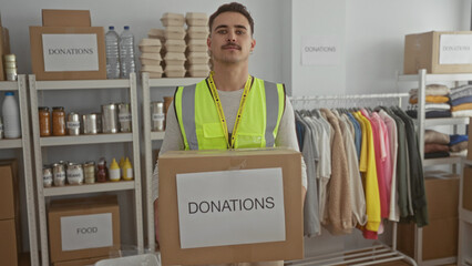 Young man in reflective vest holds donation box in charity room surrounded by shelves of clothes...