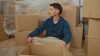 Young hispanic man sitting among cardboard boxes in a new apartment living room stretching arms in...