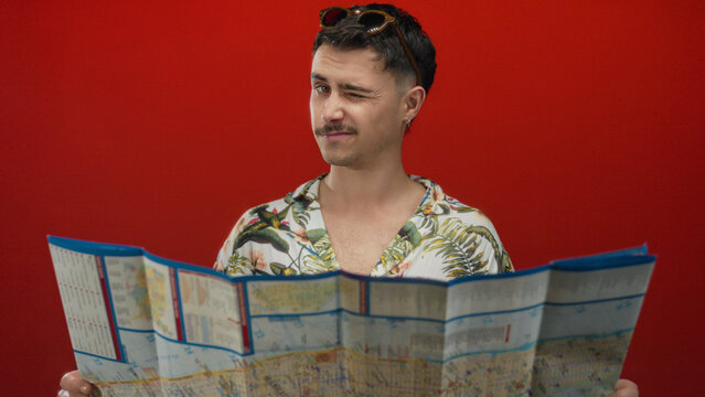 Young man reading a map against a vibrant red wall, wearing a floral shirt and sunglasses, embodying a relaxed tourist vibe with an isolated focal point.