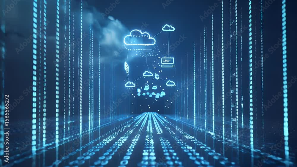 Poster abstract digital tunnel with binary code and cloud computing icons in shades of blue futuristic digi