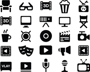 Collection of black cinema and entertainment icons on a white background