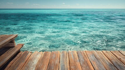 Clear turquoise water meets wooden deck at coastal paradise near midday sun