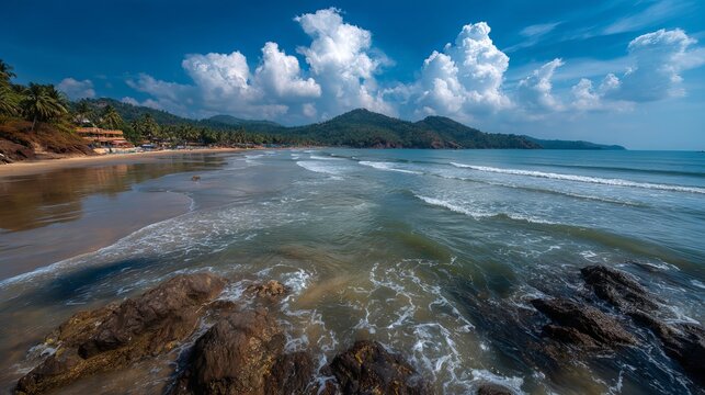 Goa, India: A sunny day at Palolem Beach. The Arabian Sea is calm under a blue sky. Sandy beach and beautiful nature.