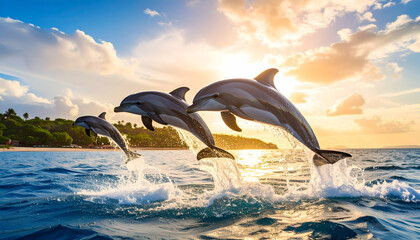 Dolphins leaping sunset ocean.
