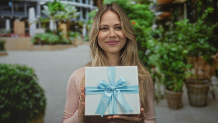 Woman holding gift box with both hands on street smiling with closed eyes and caressing box gently;...
