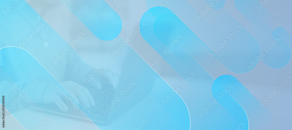 Poster abstract blue tech background with person working on laptop