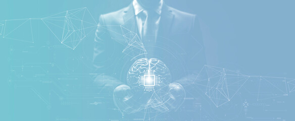 Businessman holding digital brain with AI chip and network lines